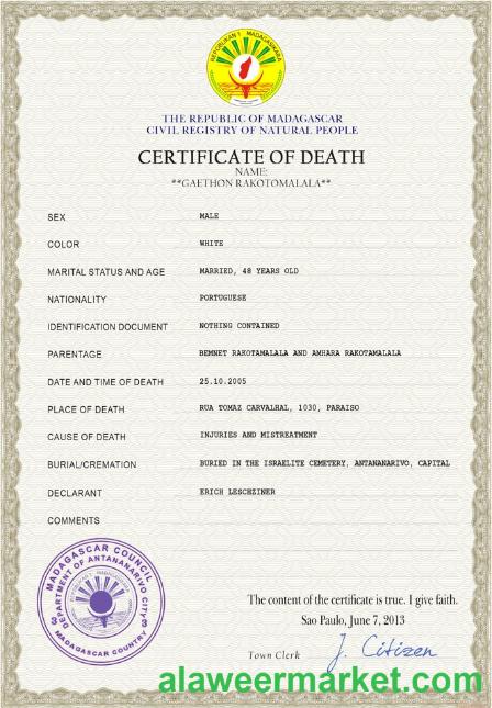 Madagascar vital record death certificate PSD template
